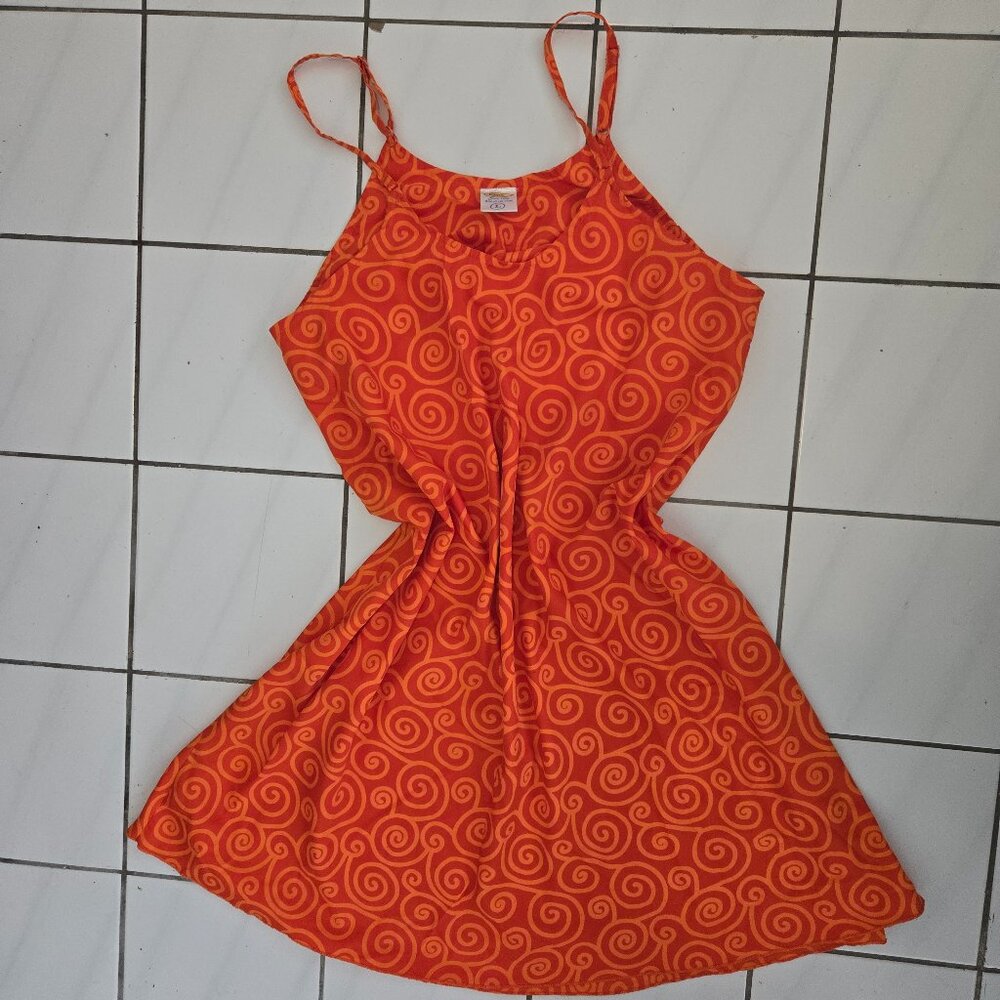 Vintage Orange Swirl Spaghetti Strap Dress – Size Large – Y2K Boho Festival Vibe